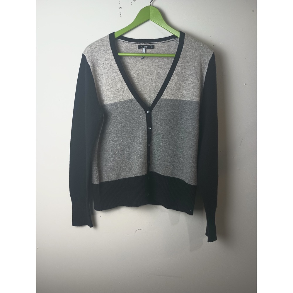 Apt. 9 Pure Cashmere Cardigan Sweater Womens Large Grey Black Colorblock V-Neck